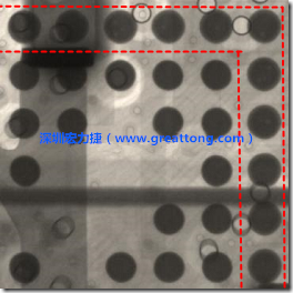 BGA錫球尺寸小于0.4mm，采用降低BGA內(nèi)圍襲球的錫膏量所得到X-Ray，稍微留意一下可以發(fā)現(xiàn)最外圈的錫量(圓的直徑)比其他內(nèi)圍的錫球上的錫量來(lái)得多一點(diǎn)點(diǎn)。也就是外圈的黑色圓形直徑比內(nèi)圈的圓形來(lái)得大一點(diǎn)點(diǎn)。