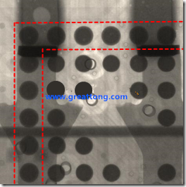 BGA錫球尺寸小于0.4mm，采用降低BGA內(nèi)圍襲球的錫膏量所得到X-Ray，稍微留意一下可以發(fā)現(xiàn)最外圈的錫量(圓的直徑)比其他內(nèi)圍的錫球上的錫量來(lái)得多一點(diǎn)點(diǎn)。也就是外圈的黑色圓形直徑比內(nèi)圈的圓形來(lái)得大一點(diǎn)點(diǎn)。