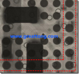 BGA錫球尺寸小于0.4mm，采用降低BGA內(nèi)圍襲球的錫膏量所得到X-Ray，稍微留意一下可以發(fā)現(xiàn)最外圈的錫量(圓的直徑)比其他內(nèi)圍的錫球上的錫量來(lái)得多一點(diǎn)點(diǎn)。也就是外圈的黑色圓形直徑比內(nèi)圈的圓形來(lái)得大一點(diǎn)點(diǎn)。