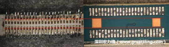 把板對(duì)板連接器與其電路板的佈線焊墊作一個(gè)比較，端子的切斷面有毛邊的地方剛好對(duì)到了裸銅區(qū)。