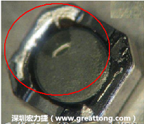 使用錫(Sn)鍍層的電源電感器(Power Inductors)，經(jīng)過推力測試后，其焊點還保留在零件的端點上，所以推力比較高。