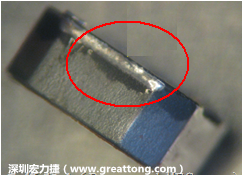 使用錫(Sn)鍍層的電源電感器(Power Inductors)，經(jīng)過推力測試后，其焊點還保留在零件的端點上，所以推力比較高。