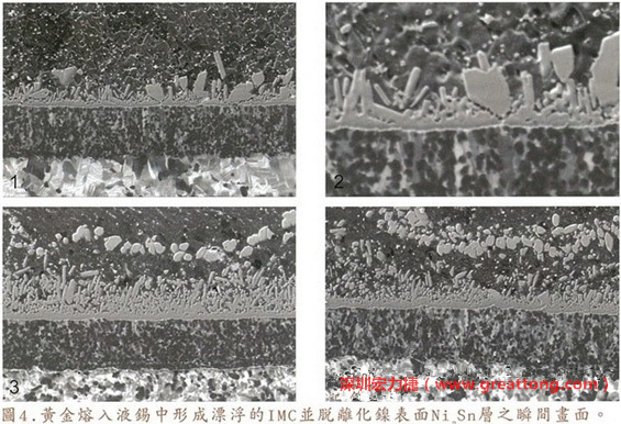 下面四張圖片為放大4500倍的SEM圖像，說明在回流焊爐熱量不足的情況下，黃金成份正要從鎳層分離融入焊錫之中的瞬間，當(dāng)零件遭受外力沖擊的時(shí)候就極有可能從這一整排AuSn、、AuSn2或AuSn4的IMC處裂開。