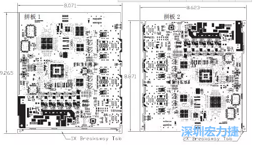 如圖7所示是使用不同數(shù)量邊條的拼板，拼板1僅使用了一個邊條，直接利用PCB另一邊作為SMT工藝傳送邊，并且PCB圖形中有合適的安裝孔；而拼板2則是按常規(guī)設計了兩個邊條。拼板方式為連接筋。圖中“Breakaway Tab”指邊條-深圳宏力捷