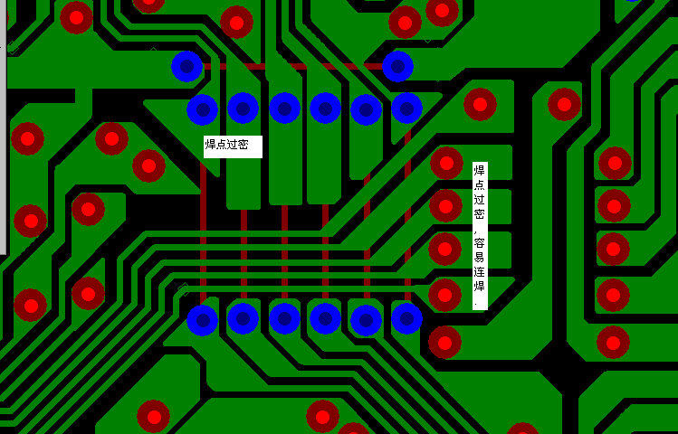 PCB設計焊點過密，易造成波峰連焊，焊點間漏電