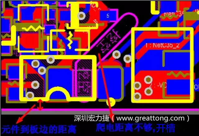 如果碰到模塊PCB空間有限，爬電距離不夠，可以采用開槽的方式