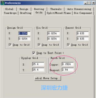  改銅皮的填充網(wǎng)格Global→Design Units，填充方向Drafting→Direction；Hatch Grid中Copper此數(shù)值為大銅箔中所填充的線條中心到中心的距離。