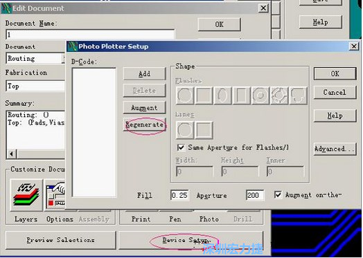 當(dāng)Gerber和鉆孔都設(shè)置完后，選擇一貼片元件較多的層（一般為Top層），點(diǎn)擊Device SetupPhoto，將 Plotter Setup窗口D-Code欄原有的D碼刪除并按Regenerate重新生成
