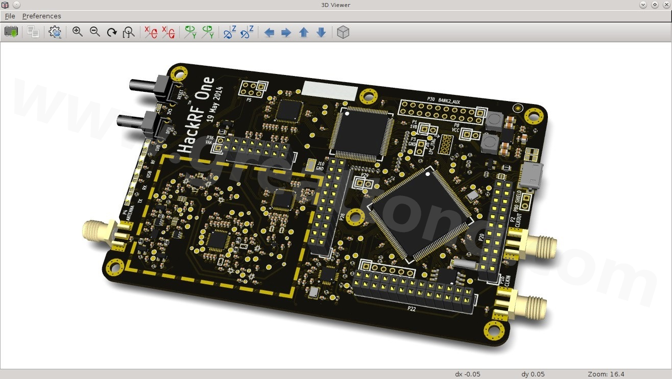 經(jīng)KiCad軟體3D功能渲染過的HackRF One電路板。