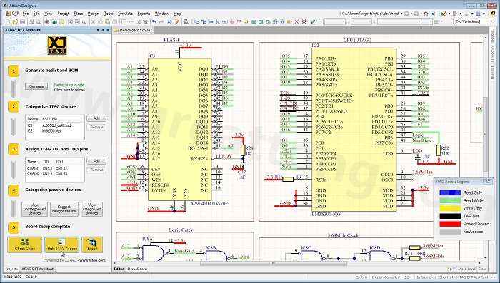 XJTAG DFT Assistant的Access Viewer模式可以清楚地顯示可用的測(cè)試存取層級(jí)，讓電路板設(shè)計(jì)人員在展開PCB布局以前的原理圖擷取階段盡可能地提高測(cè)試存取能力