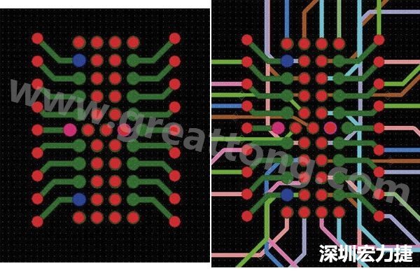 圖7：焊盤內(nèi)過孔用于內(nèi)部，而外部接腳在0.5mm閘格上扇出。圖7a顯示的是頂層(左)；圖7b顯示頂層和內(nèi)部布線層(右)。