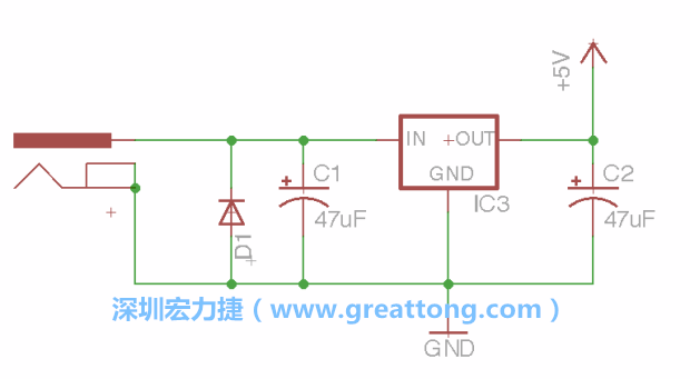 新增RBBB→Power_Jack，將它放在電壓調(diào)整器的輸入端旁邊。