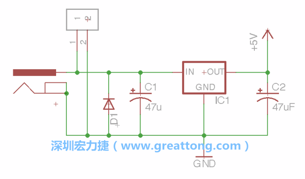 2.5.    新增一個二極體，它會以水平的狀態(tài)出現(xiàn)在屏幕上，請使用「旋轉(zhuǎn)（Rotate）」工具把它負極那一面朝上，并且用「網(wǎng)絡連接」工具將它連接在電壓調(diào)整器的輸入端和接地端之間。