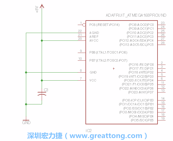 3.1.    新增微控制器晶片（RBBB → ATmega），把它放在電路原理圖的中央附近，把它的兩個(gè)接地接頭連接到接地訊號(hào)端。