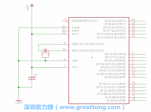 3.2.    在靠近ATmega的電源供應(yīng)針腳7的位置放置一個(gè)0.1μF的電容，將它分別連接電源、接地端和針腳7。