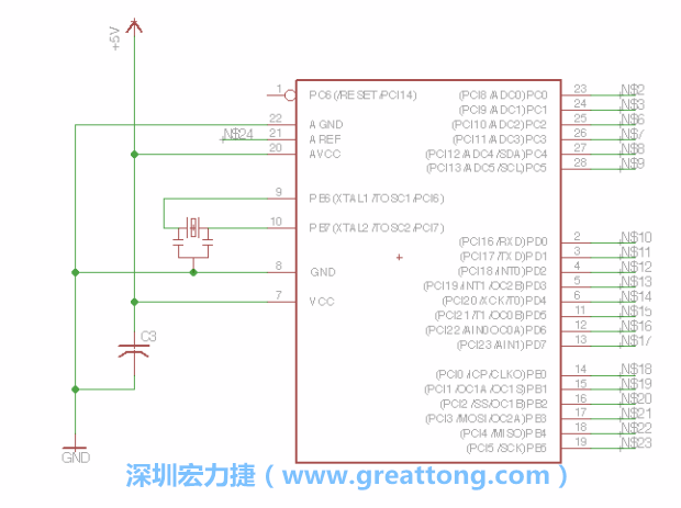 3.3.    將共鳴器（resonator）放置在針腳9和針腳10附近，將它的三個(gè)針腳連接如圖所示，并確認(rèn)最中間的針腳有連到接地端。