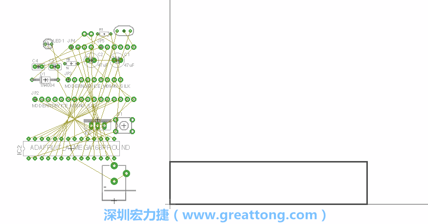 第一次執(zhí)行布線編輯器時，你會發(fā)現有兩個區(qū)塊，左邊的區(qū)塊非?；靵y，而右邊的區(qū)塊則是一個長方形的工作區(qū)域，EAGLE免費版會限制你的工作區(qū)域在4” x 3.2”的范圍內，如果你試圖將元件擺放在工作區(qū)外的話，就會跳出警示訊息。