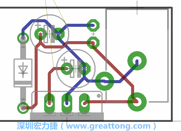 接地連結點的布線情形如下圖所示，利用這個練習來避免電路連線銳角化的產生是一個不錯的選擇，你可以在工具列中的彎曲線路（Wire Bend）選項里改變各種布線的變化。