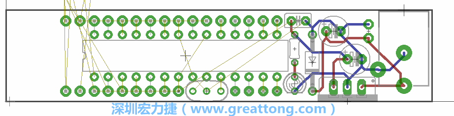 將ATmega微控制器、三個GPIO排針（JP2, JP3, JP4）和諧振器（resonator）排置如上圖所示。