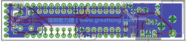 第二篇文章則帶領(lǐng)你進(jìn)行電路板上的布線、連結(jié)點(diǎn)的配置，并利用「設(shè)計規(guī)則檢查（Design Rule Check）」測試你的設(shè)計，第二篇文章的電路板設(shè)計圖將如下所示：