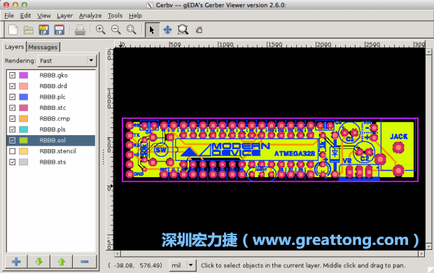 將圖層匯入你的Gerber預(yù)覽工具內(nèi)（下圖為Gerbv），我通常會從上到下重新排列它們的順序，好讓我比較好校對：