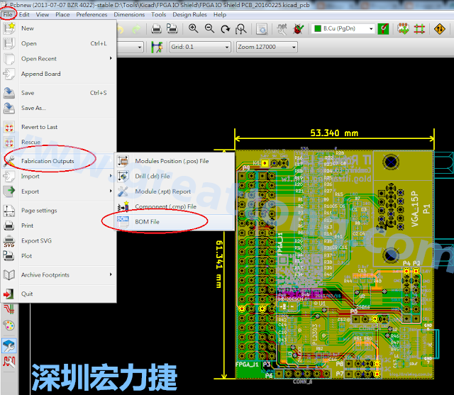 在Kicad的PCB Editor, 點(diǎn)選 File->Fabrication Outputs->BOM File, 即可產(chǎn)生一個(gè) .csv 的Excel 檔案。