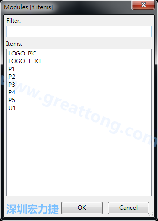 從目前正在編輯的PCB載入Module， 會顯示有那些項目可載入。點選一個， OK后即完成載入