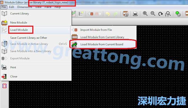 進入Module Editor去載入其他Footprint(Module)進來， 從目前的Active library (不過要先選取一個Current library ) 載入Module 或從目前正在編輯的PCB載入Module。