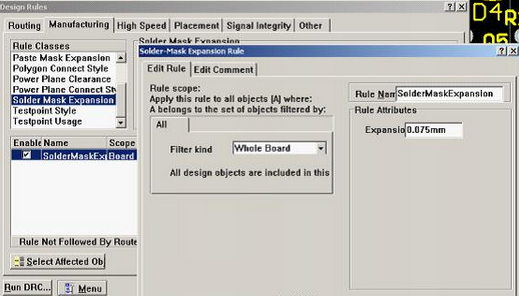 5. 而對(duì)于阻焊的調(diào)整則可以通過(guò)按D、R調(diào)出[Manufacturing]制作設(shè)計(jì)規(guī)則的[Solder-Mask Expansion Rule]設(shè)置項(xiàng)直接設(shè)定單邊放大值