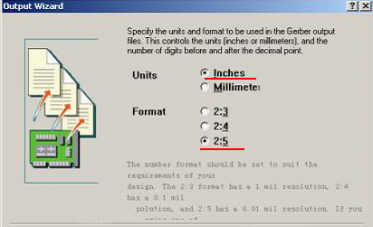 在上圖中選擇“Inches 2：5”，以確保資料精度，反之線寬、線距或孔有偏移現(xiàn)象