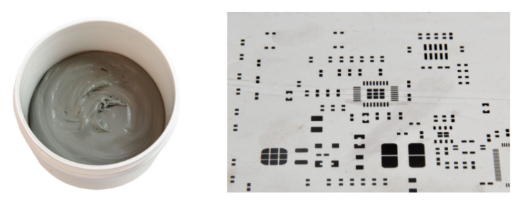 焊膏（左），PCB模板激光切割孔（右）